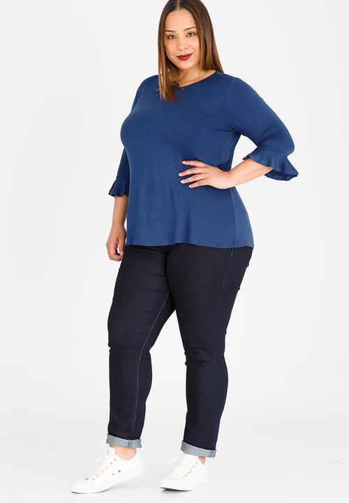 edit Plus - 3/4 Sleeve Frill T-Shirt Mid Blue