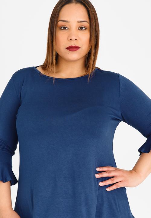 edit Plus - 3/4 Sleeve Frill T-Shirt Mid Blue