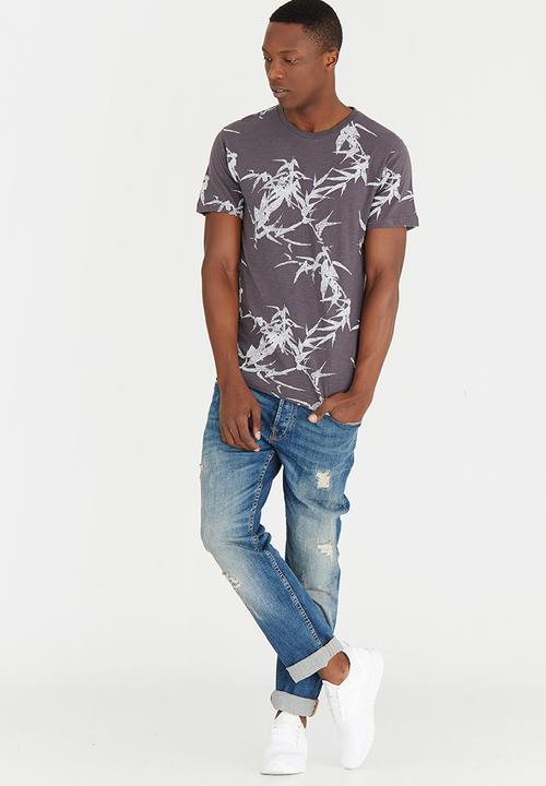 Only & Sons - Thorleif  Flower Print  Fitted Tshirt Charcoal