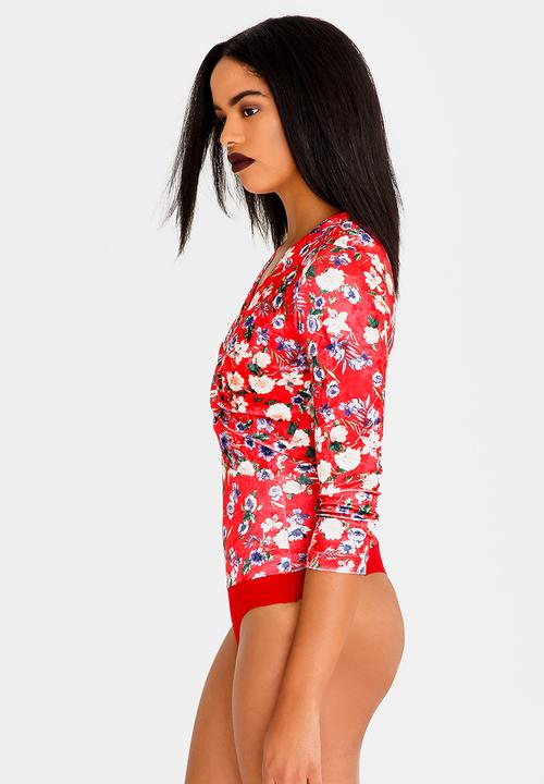 SISSY BOY - Printed Velvet Knot Bodysuit Red