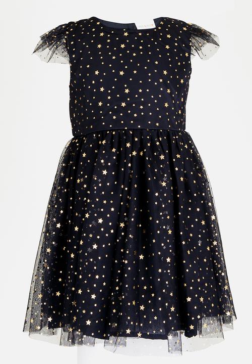 Pop Candy - Short Sleeve Star  Printed Dress Navy