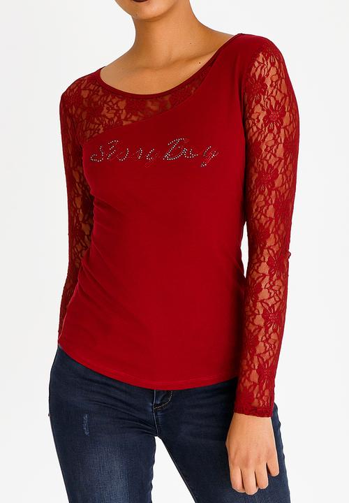 SISSY BOY - Asymmetric Lace Detail Top Burgundy