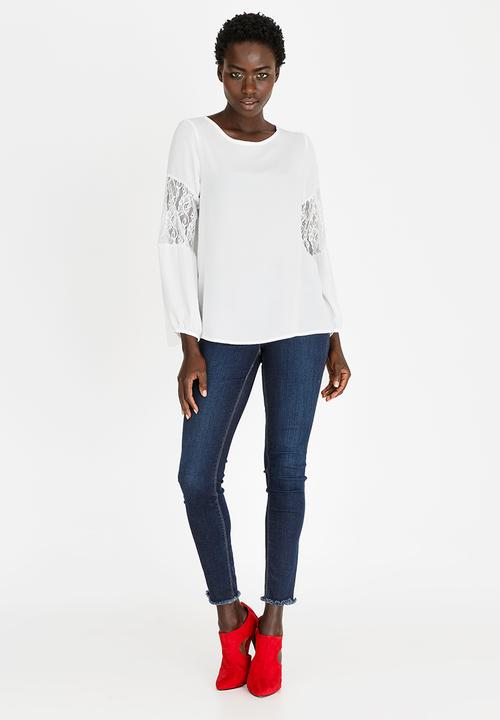 edit - Lace Inset Lantern Sleeve Top Off White