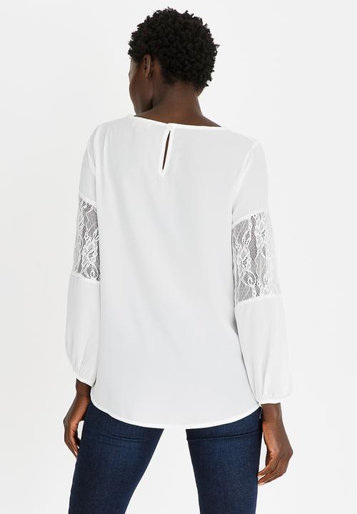 edit - Lace Inset Lantern Sleeve Top Off White