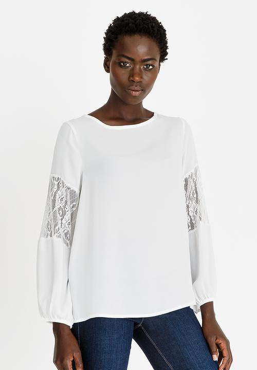 edit - Lace Inset Lantern Sleeve Top Off White
