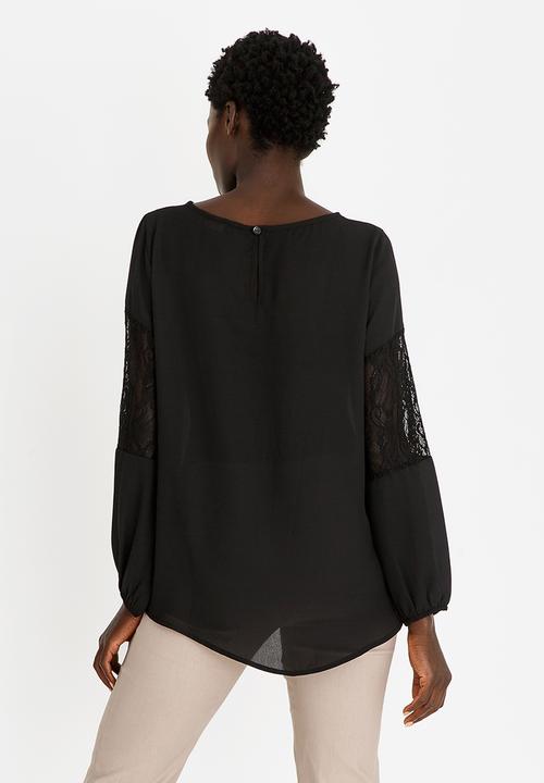 edit - Lace Inset Lantern Sleeve Top Black