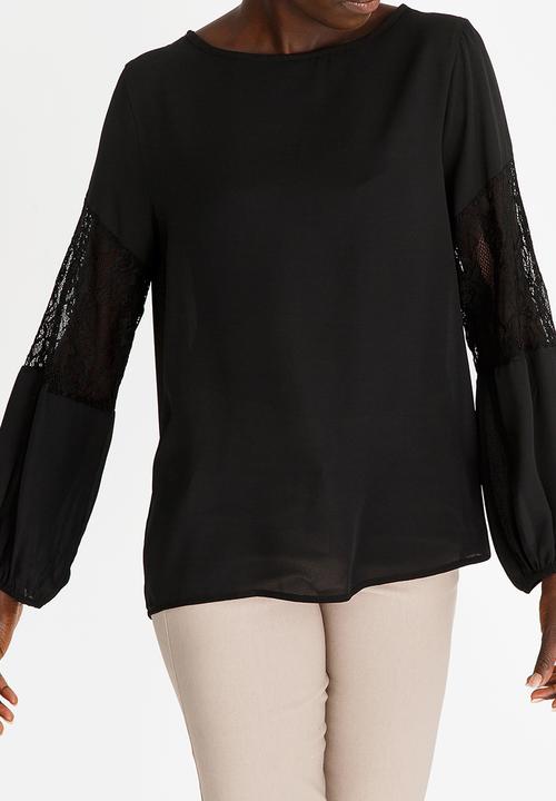 edit - Lace Inset Lantern Sleeve Top Black