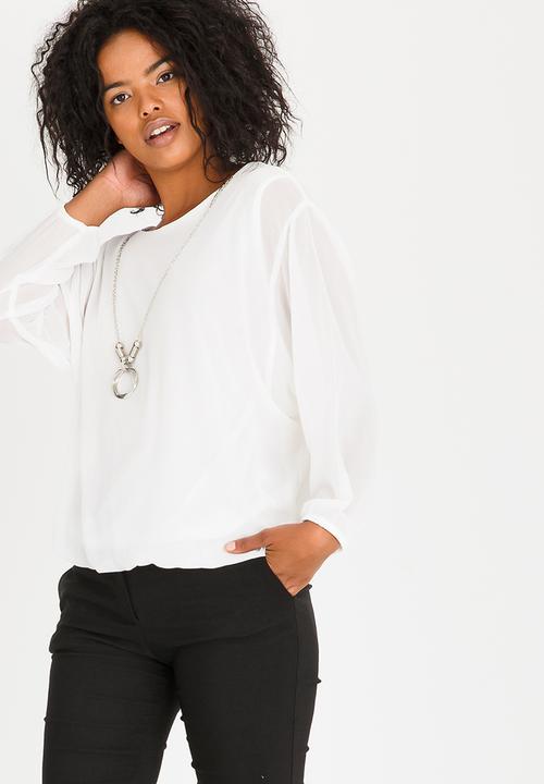 edit - Long Sleeve Lined Blouse with Detachable Chain Off White