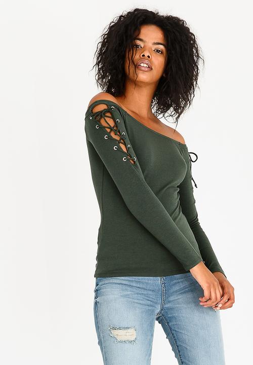 GUESS - Guess Katrina Off Shoulder Top Dark Green