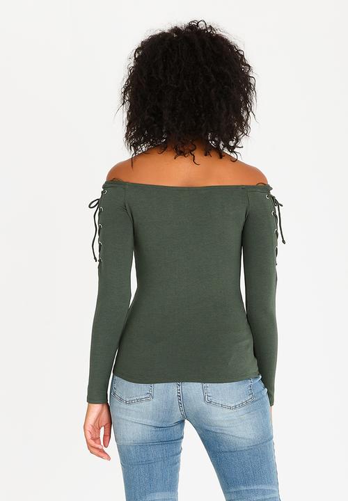 GUESS - Guess Katrina Off Shoulder Top Dark Green