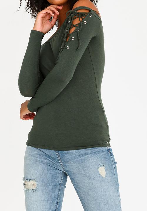 GUESS - Guess Katrina Off Shoulder Top Dark Green