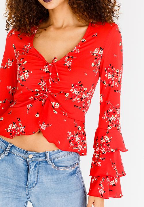 SISSY BOY - Velvet Blouse With Frill Sleeves Red
