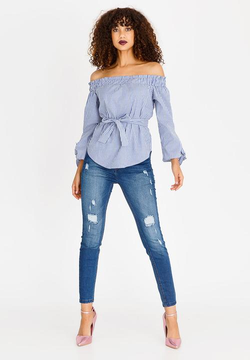 SISSY BOY - Career Wear Stripe Bardot Top Blue and White