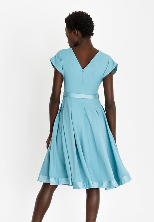 AMANDA LAIRD CHERRY - Mia Satin-like Belted Dress Blue