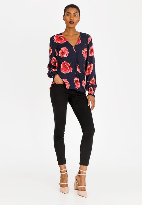 Revenge - Floral Wrap Detail Top Navy