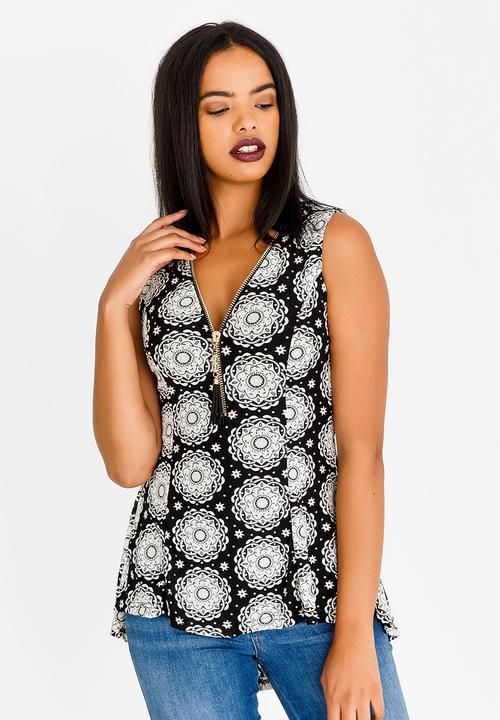 Revenge - Tribal Print Zip Front Top Black and White