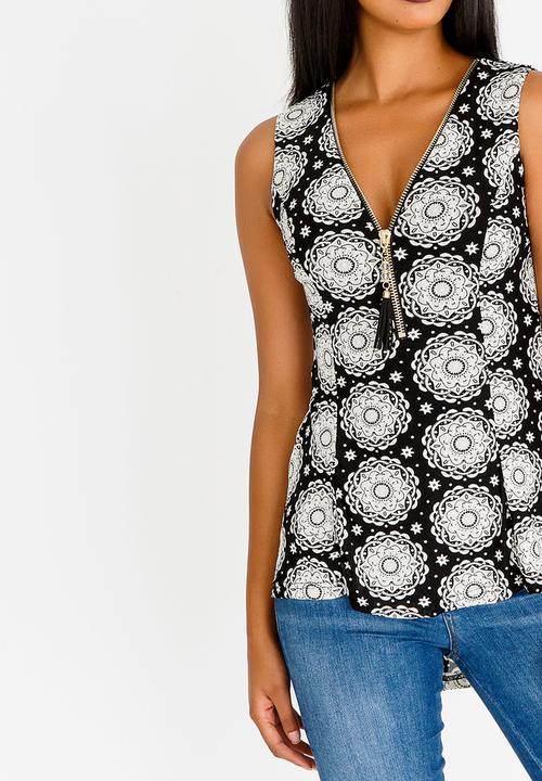 Revenge - Tribal Print Zip Front Top Black and White