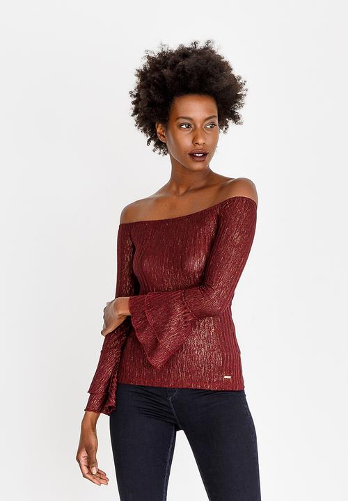 SISSY BOY - Ribbed Off Shoulder Top Burgundy