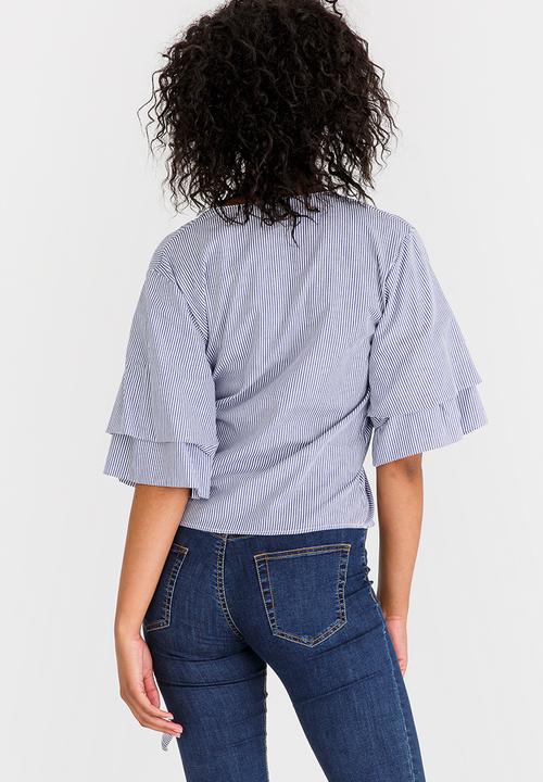 STYLE REPUBLIC - Sleeve Detail Wrap Blouse Blue and White