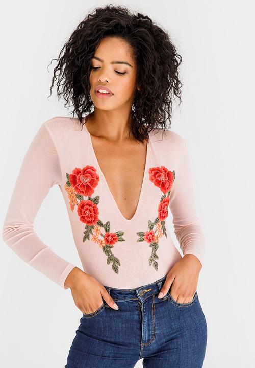 STYLE REPUBLIC - Embroidered Mesh Bodysuit Rose