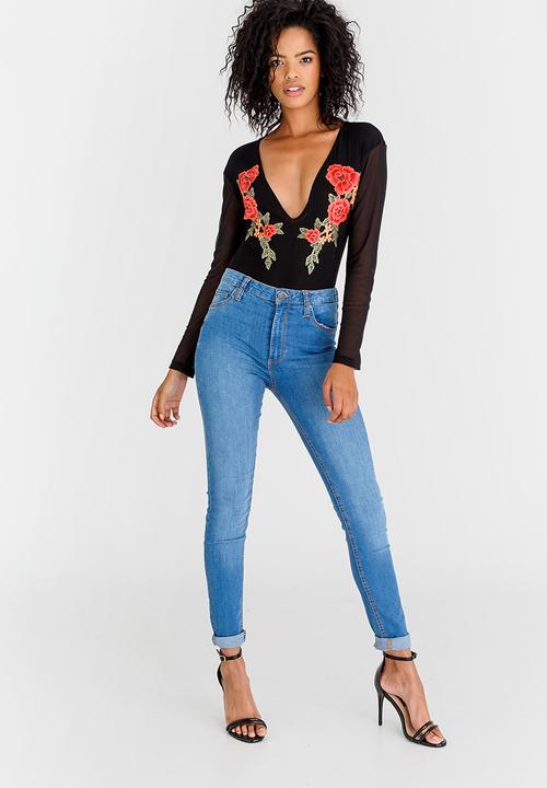 STYLE REPUBLIC - Embroidered Mesh Bodysuit Black