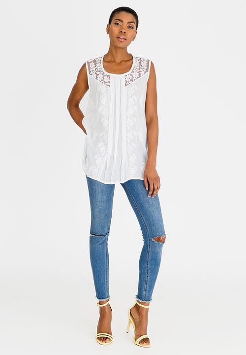 G Couture - Embroidered Sleeveless Top with Front Pleats White