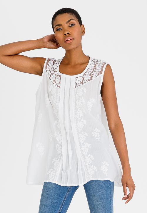 G Couture - Embroidered Sleeveless Top with Front Pleats White