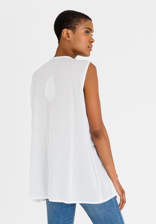 G Couture - Embroidered Sleeveless Top with Front Pleats White