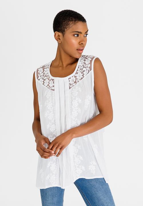 G Couture - Embroidered Sleeveless Top with Front Pleats White