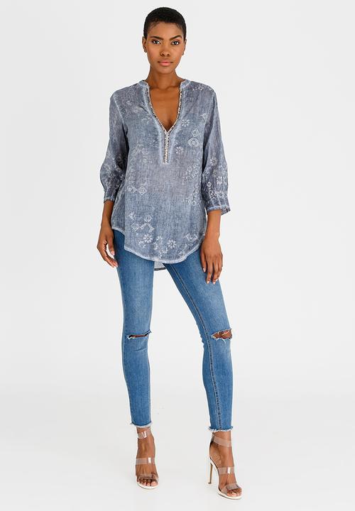 G Couture - Beaded Neckline Tunic Blue