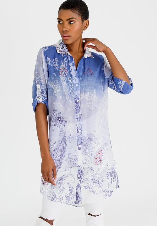 G Couture - Dip-dye Printed Shirt Blue and White