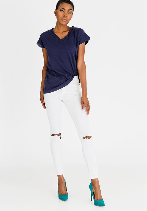 G Couture - Chiffon Crochet Neckline Top Navy