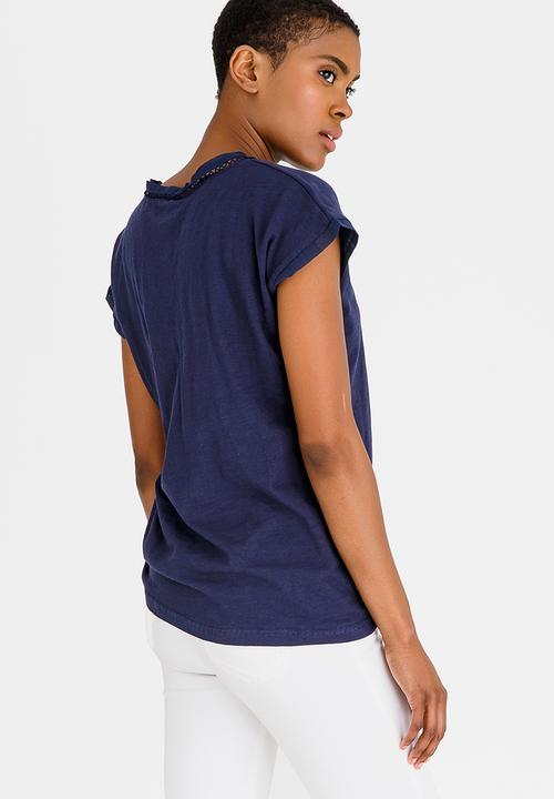 G Couture - Chiffon Crochet Neckline Top Navy
