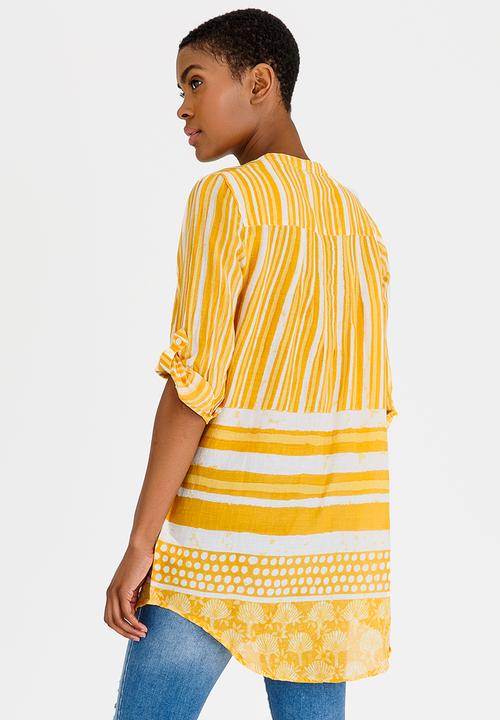 G Couture - Stripe  Beaded Printed Shirt Yellow