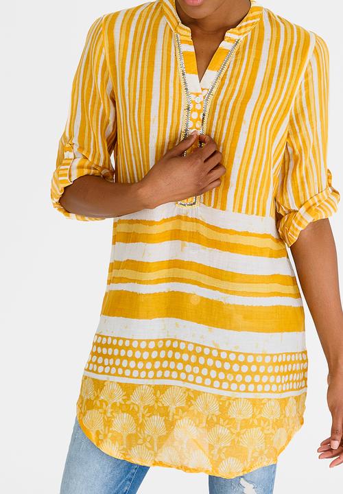 G Couture - Stripe  Beaded Printed Shirt Yellow