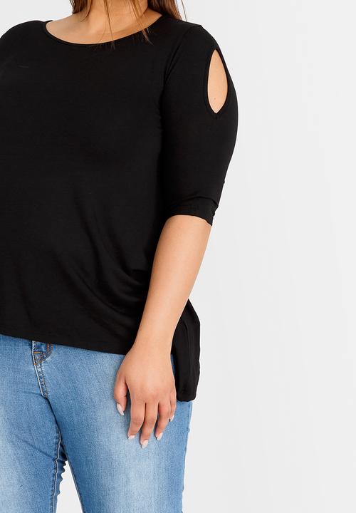edit Plus - Cold Shoulder T-shirt with 3/4 Sleeves Black