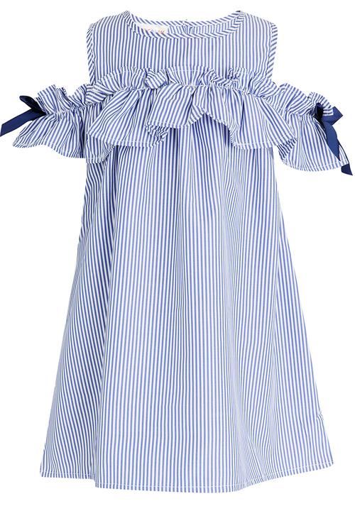 Pop Candy - Striped Cold Shoulder dress Blue