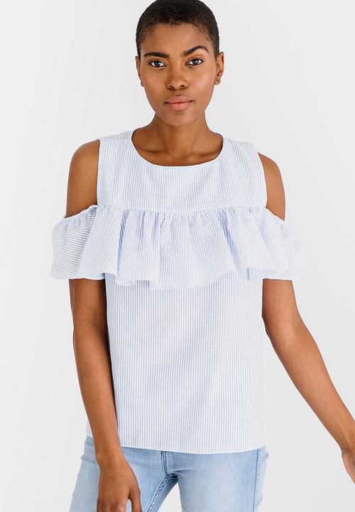 edit - Frilly blouse with Cold Shoulder Blue and White