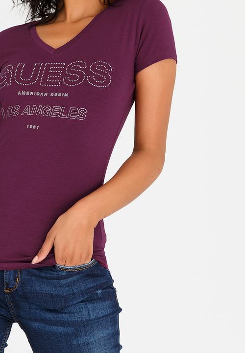 GUESS - V-neck Logo Tee Burgundy