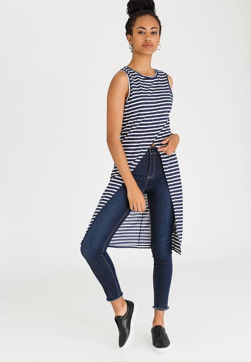 Brave Soul - Stripe Longline Vest Navy & White