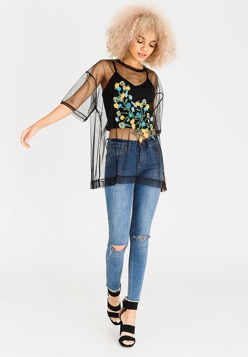 STYLE REPUBLIC - Mesh Embroidered Top Black