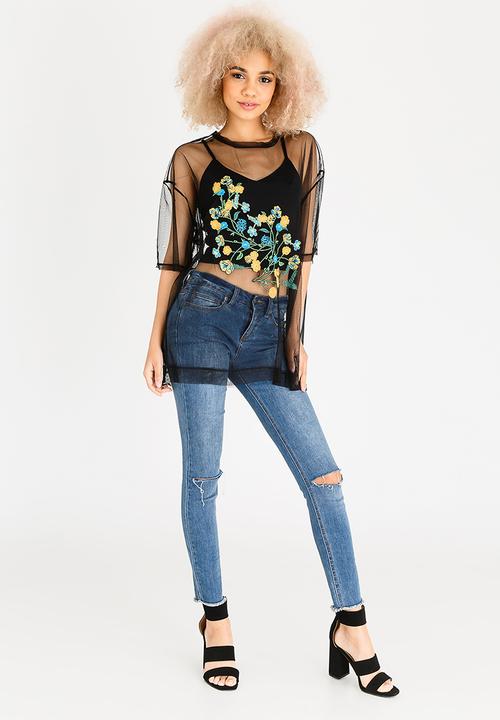 STYLE REPUBLIC - Mesh Embroidered Top Black