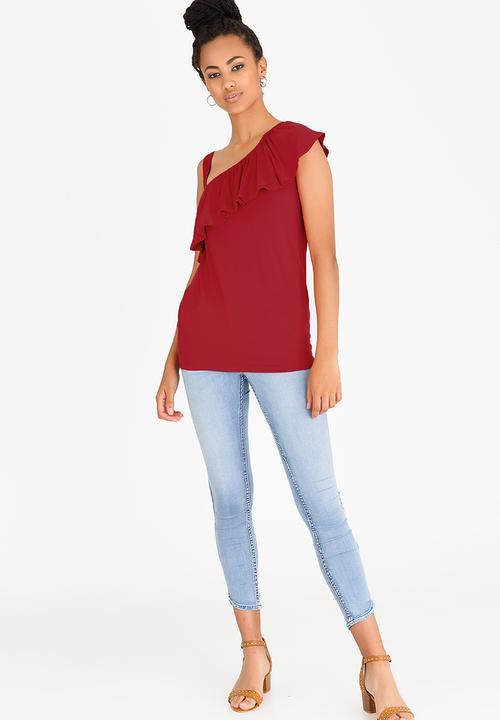 edit - One Shoulder Frilly Top Red