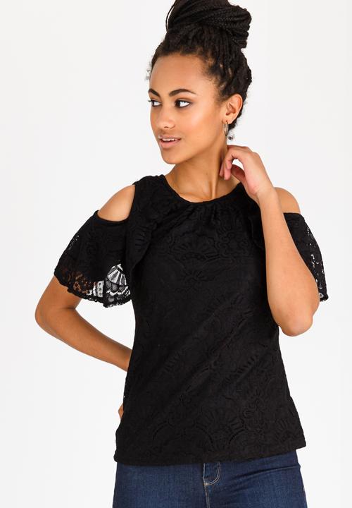edit - Frilly Cold-shoulder T-shirt Black