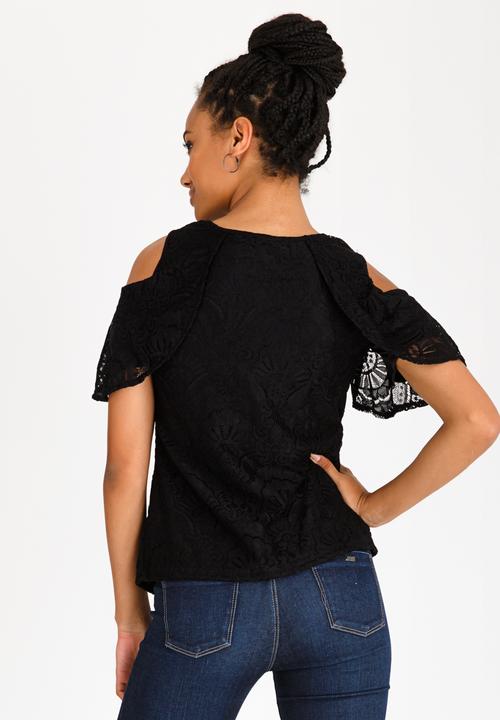 edit - Frilly Cold-shoulder T-shirt Black