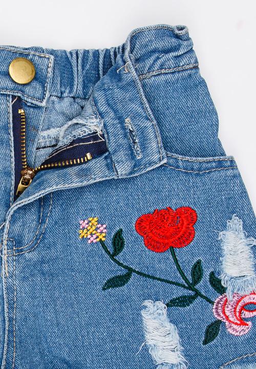 Pop Candy - Rose Embroidered Shorts Blue