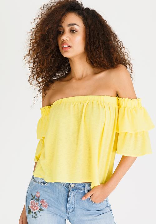 SISSY BOY - Ruffled Sleeve Bardot Top Yellow