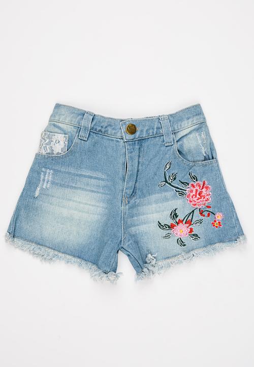 Pop Candy - Rose Embroidered Shorts Blue