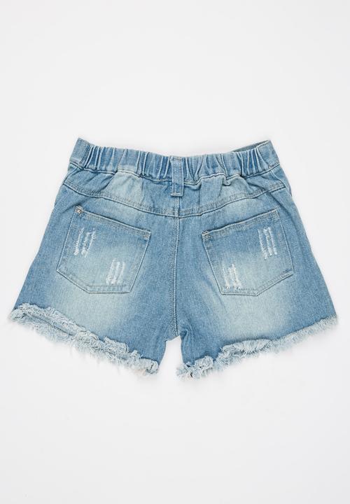 Pop Candy - Rose Embroidered Shorts Blue