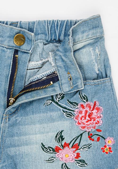 Pop Candy - Rose Embroidered Shorts Blue
